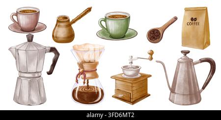 Watercolor illustration set of coffee makers, cups, grinder, beans and brewing tools isolated on white background. Cozy hand painted collection for ca Stock Photo