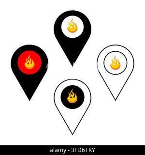 Map pointer pin fire flame vector set features hot location navigation. It represents emergency danger place mark eps 10 Stock Vector