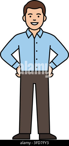 Confident businessman standing with hands on hips wearing light blue button up shirt and brown trousers in front view vector illustration. Stock Vector