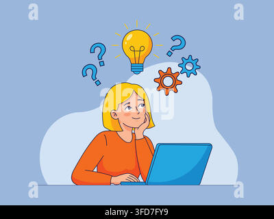 Woman thinking with idea lightbulb icon and laptop on desk illustration featuring yellow bulb orange clothing and blue gears vector art. Stock Vector