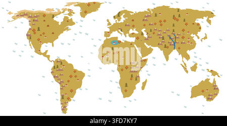 autumn minimal world map rendered as illustrated terrain with flat terrain rendering with trees hills and houses in scenic detail for wall art decor Stock Vector