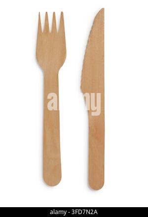 Studio shot of a disposable wooden fork and knife cut out against a white background Stock Photo