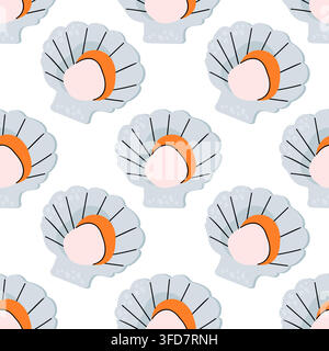 Flat seamless pattern with grey scallop shells and orange clam meat isolated on white background for seafood restaurant menu packaging and textile pri Stock Vector