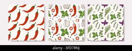 Set of flat seamless patterns featuring red chili peppers, garlic cloves, black pepper, and fresh green basil leaves for kitchen textile and food pack Stock Vector