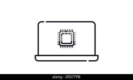 Laptop computer with microprocessor chip symbol on screen vector icon. Black line art style on white background. Stock Vector
