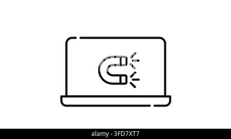 Laptop computer with horseshoe magnet attraction symbol on screen vector icon. Black line art style on white background. Stock Vector