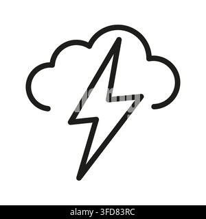 Weather cloud with lightning bolt thunder flash black vector line icon. eps 10. Stock Vector