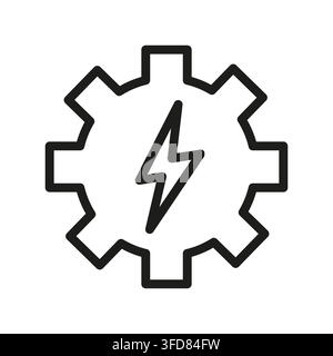 Gear wheel cog with lightning bolt flash black vector line icon. eps 10. Stock Vector
