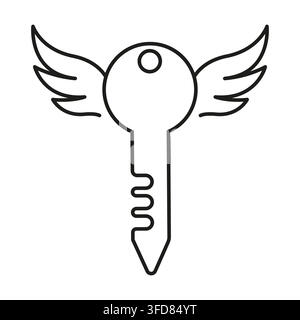 Flying key with bird wings black vector silhouette shape Stock Vector