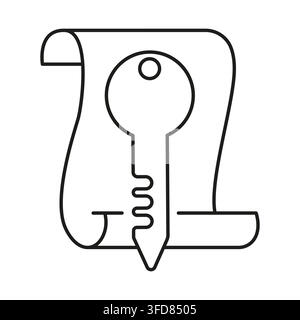 Door key in front of rolled parchment scroll black vector line icon Stock Vector