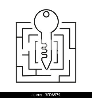 Door key inside square maze labyrinth black vector line icon Stock Vector