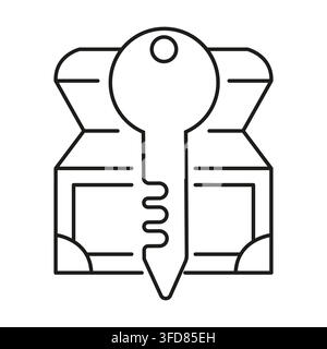 Door key in front of open wooden treasure chest black vector line icon Stock Vector