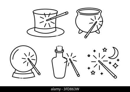 Witchcraft items set with hat wand cauldron and potion black vector icons Stock Vector