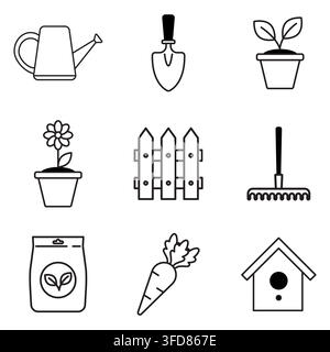 Gardening tools and nature farming set black vector line icons Stock Vector