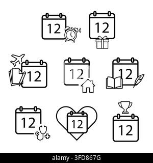 Various conceptual calendar pages set black vector line icons Stock Vector