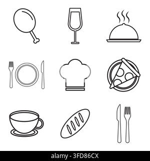 Restaurant food and kitchen utensils set black vector line icons Stock Vector