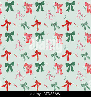 Seamless repeating Christmas pattern with red, green and pink decorative bows, ribbons and festive accents on a soft pastel background. Stock Vector