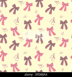 Seamless repeating pattern with cute pink and green bows, striped ribbons and delicate decorative bows on a soft pastel background. Stock Vector