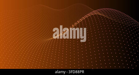 Abstract digital landscape with flowing particles and wave patterns on a dark orange gradient background Stock Vector