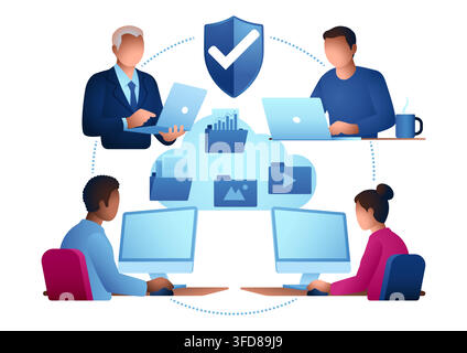 Secure Cloud Collaboration Illustration, Team File Sharing, Cloud Storage, Remote Collaboration, Cloud Workspace and Data Security Concept Stock Vector