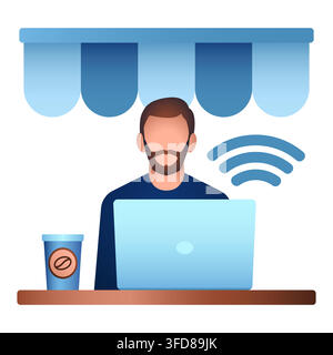 Digital Nomad Working in Cafe Icon, Work From Cafe, Coffee Shop Workspace, Remote Work, Freelancer, Mobile Office and Flexible Workplace Illustration Stock Vector