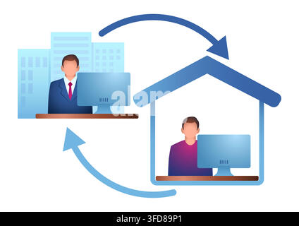Hybrid Work Concept, Office and Home Working, Remote Work, Flexible Workplace, Work From Home and Return to Office Illustration Stock Vector