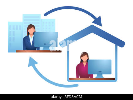 Hybrid Work Concept, Woman in Business, Remote Work, Flexible Workplace, Work From Home and Return to Office Illustration Stock Vector