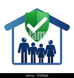 Family protected home with shield checkmark, home insurance and security concept Stock Vector
