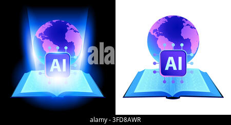 AI Global Education Icon, Artificial Intelligence Learning Technology, Worldwide Knowledge Sharing, Digital Learning Platform Symbol Stock Vector
