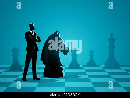 Business Strategy Concept, Executive Standing Beside Chess Knight, Strategic Thinking, Competitive Planning and Tactical Decision Making Illustration Stock Vector