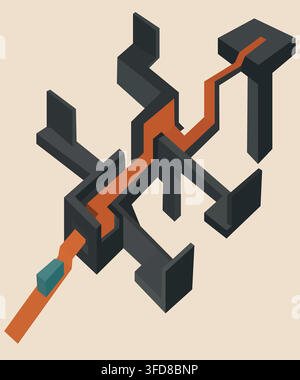 Conceptual business illustration of strategic decision-making through uncertain paths, obstacles, dead ends and a selected route to success. Stock Vector
