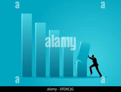 Businessman silhouette holding cracked graph bar, businessman trying to stop declining performance. Stock Vector