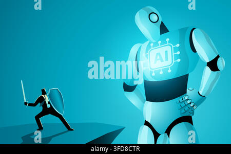 Businessman confronting giant AI robot, automation threat, future of work, workforce disruption, technological change, AI competition, digital transfo Stock Vector