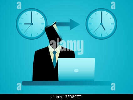 Business time management or full time job concept with businessman, laptop, clocks and direction arrow. Stock Vector