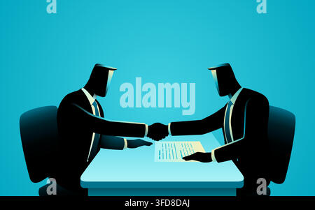 Business handshake agreement between two executives signing contract, corporate partnership and successful deal concept illustration Stock Vector