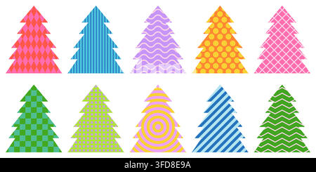 Vector christmas trees set with geometric abstract patterns. Colorful flat design collection for banner greeting card poster and winter holiday print Stock Vector