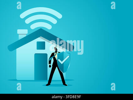 Businessman holding a shield in front of a smart home with wireless WiFi connection. Concept for home security services, smart home protection, proper Stock Vector