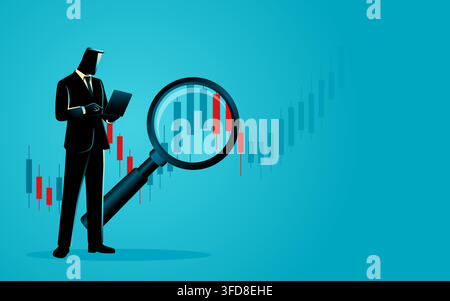 Stock Market Analysis Illustration, Financial Analyst with Magnifying Glass, Technical Analysis, Investment Research, Trading Chart and Market Data Co Stock Vector