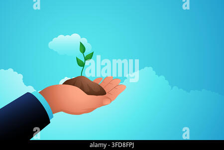 Hand holding soil with growing green plant symbolizing sustainability, environmental care, business growth, nurturing, investment, and future developm Stock Vector