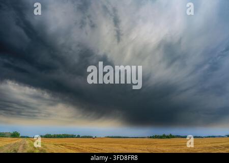 Massive dark storm clouds spreading across the sky above a vast agricultural field, creating a dramatic rural landscape before a thunderstorm Stock Photo