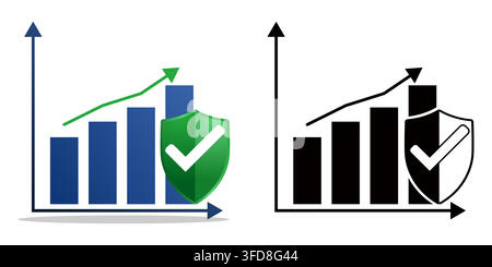 Two sets of icons business growth protected by a shield with a checkmark, representing secure investment, sustainable growth, and financial security c Stock Vector
