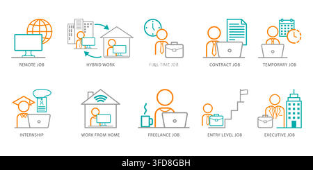 Employment Type Icons Set, Remote Work, Hybrid Work, Full Time, Contract, Temporary, Internship, Freelance and Executive Job Line Icons Stock Vector