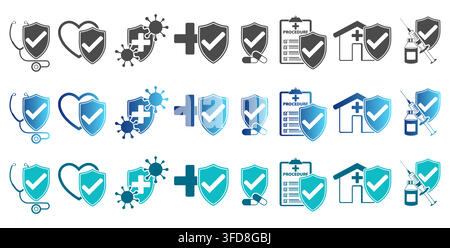Healthcare protection icons set with shield checkmark, medical safety, hospital security and healthcare compliance concepts Stock Vector