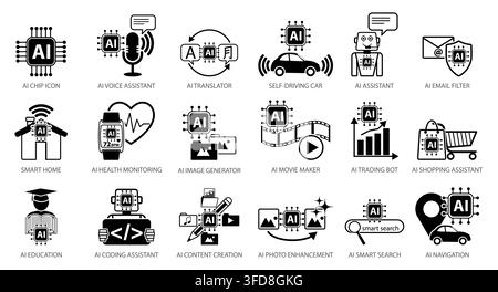 Artificial intelligence application icons set featuring AI assistant, translator, coding assistant, image generator, content creation, smart search an Stock Vector