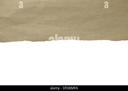 Torn brown kraft paper creating a rough texture border over white background Stock Photo