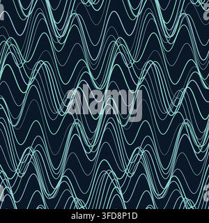 This abstract vector background features undulating, overlapping wavy contour lines in light blue and mint green over a deep dark teal canvas. Stock Vector