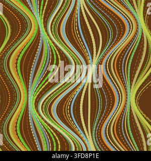 This abstract vector background features undulating wavy lines and dotted contours in earthy retro tones of brown, green, orange, and blue. Stock Vector