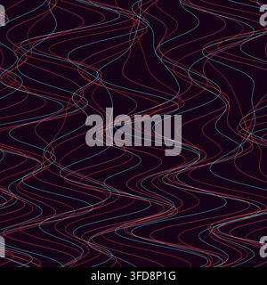 This abstract vector background features intersecting, thin wavy laser lines in neon red and cyan against a dark canvas, creating a dynamic Stock Vector