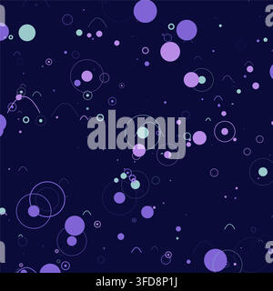 This abstract vector background features a scattered, generative composition of floating geometric circles, dots, and delicate arcs in shades Stock Vector