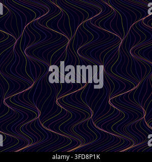 This abstract vector background features futuristic, thin wavy laser lines in neon purple, yellow, and pink against a dark canvas, creating a dynamic Stock Vector